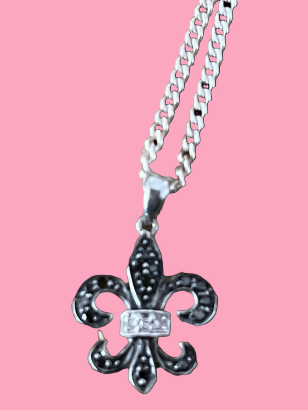 Sterling Silver, Hemitite and Diamond Fleur de Lis Pendant Necklace